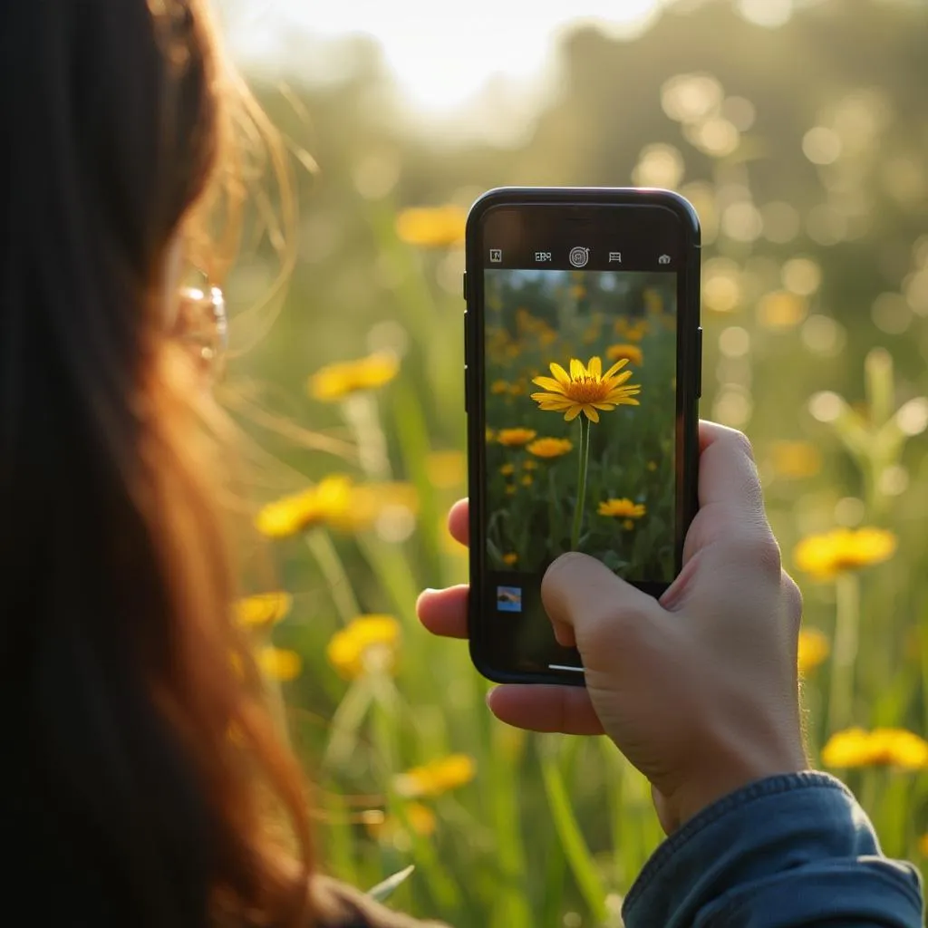 Fotograf zodpovědně fotící přírodu na smartphone